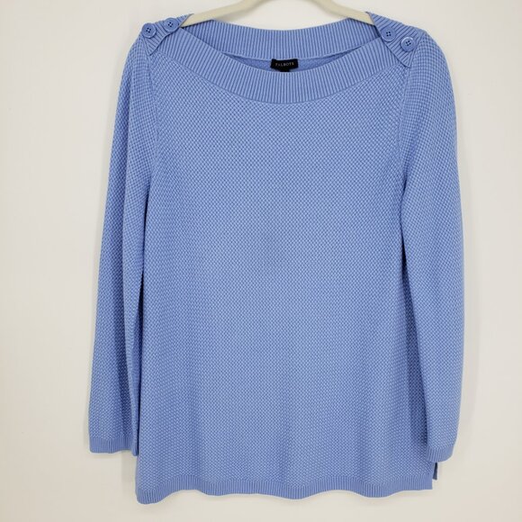 Talbots Basket Weave Knit Tunic Sweater L Bateau Boat Neck Anchor Buttons Blue - Picture 2 of 8